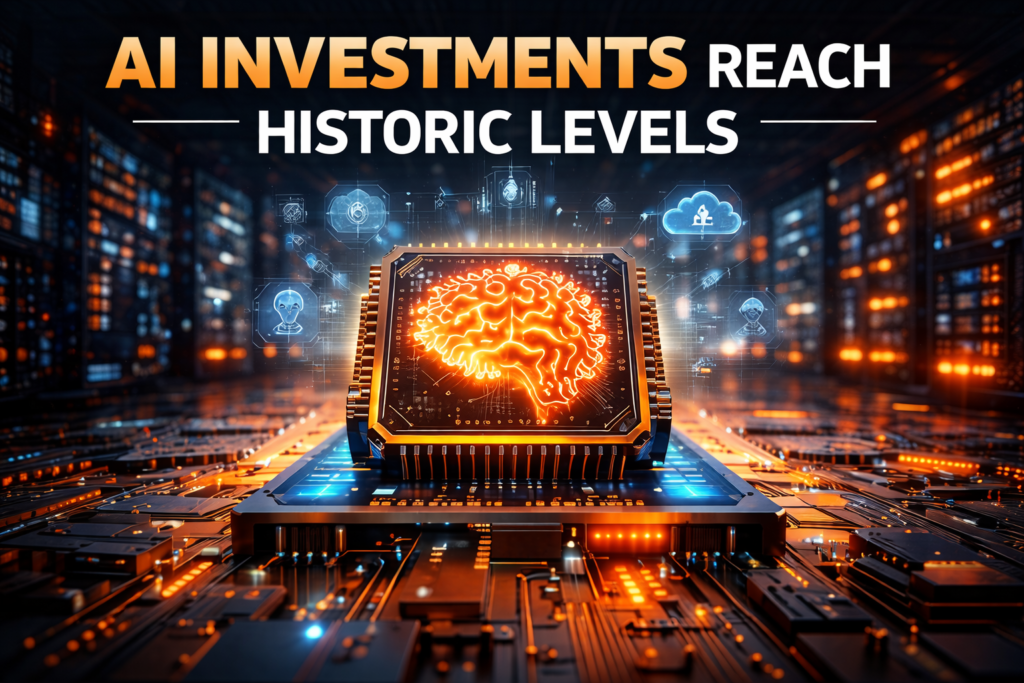 Collage showing artificial intelligence investment growth, featuring AI chip technology, global tech data centers, AI-powered industrial robotics, and smartphone technology used in space missions.